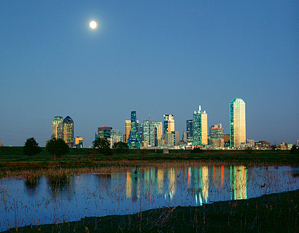 Dallas, Moonrise, Dallas, Texas. Color photograph