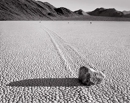 Moving Rock, Racetrack. Death Valley. Black and white photograph