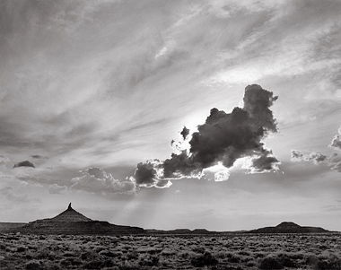 Six-Shooter Peak and Cloud, Utah. Black and white photograph.