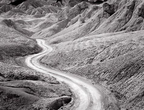 Road, 20 Mule Team Canyon. Death Valley. Black and white photograph