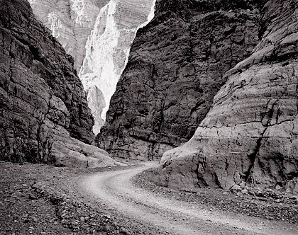 Road, Titus Canyon. Death Valley, CA. Black and white photograph