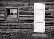 White Door and Wall, Fort Steele, BC. Limited edition black and white photograph