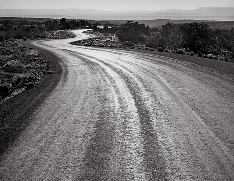 Winding Road, Sunset. Canyon DeChelley, AZ. Black and white photograph